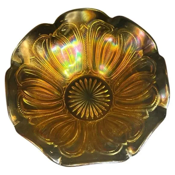 Vintage 70s Amber Marigold Carnival Glass Bowl Herringbone Ruffled Edge - Picture 4 of 8